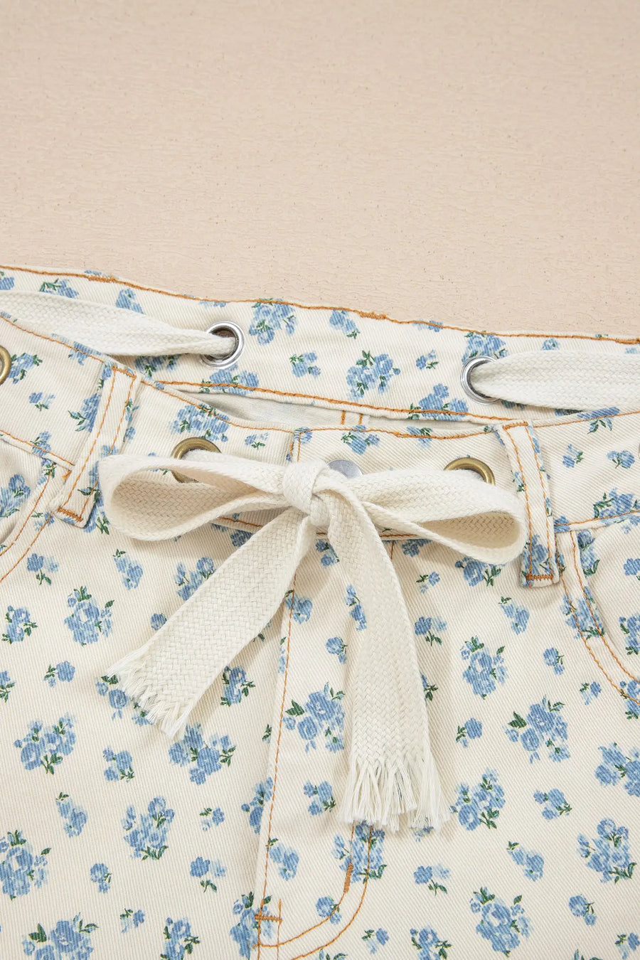 Grommet Knot Waist Floral Barrel Leg Jeans