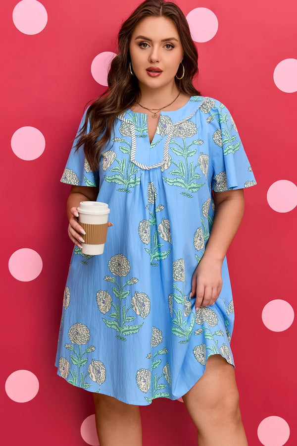Sky Blue Plus Size Periwinkle Floral Split Neck Mini Dress Women UK — front view