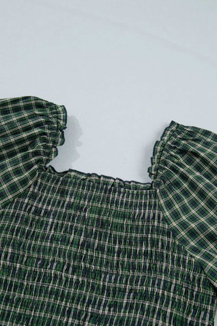 Plaid Square Neck Shirred High Waist Ruffle Hem Dress