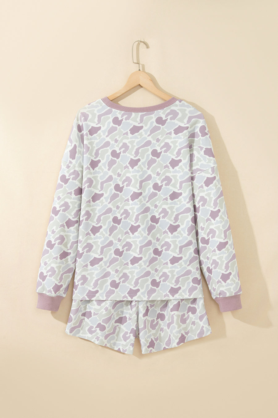 Camo Waffle Knit Long Sleeve Top Shorts Set Women UK