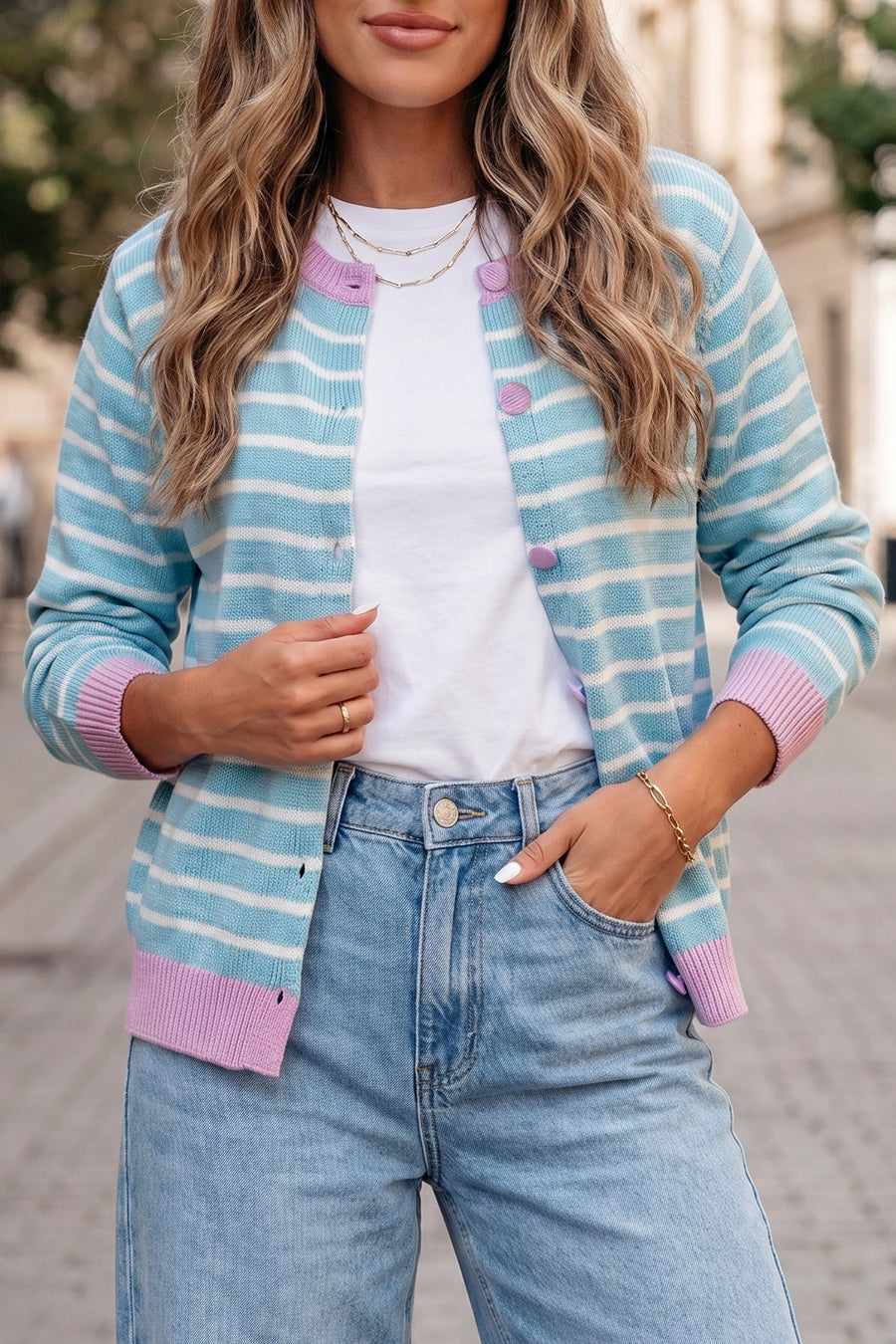 Stripe Contrast Trim Button Down Cardigan Women UK