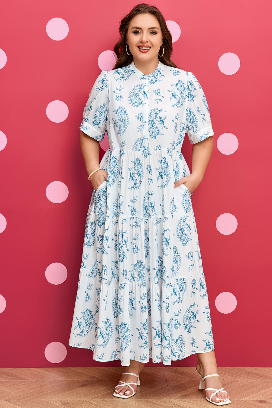 Sky Blue Plus Size Geometric Floral Split Neck Maxi Dress Women UK — lifestyle view