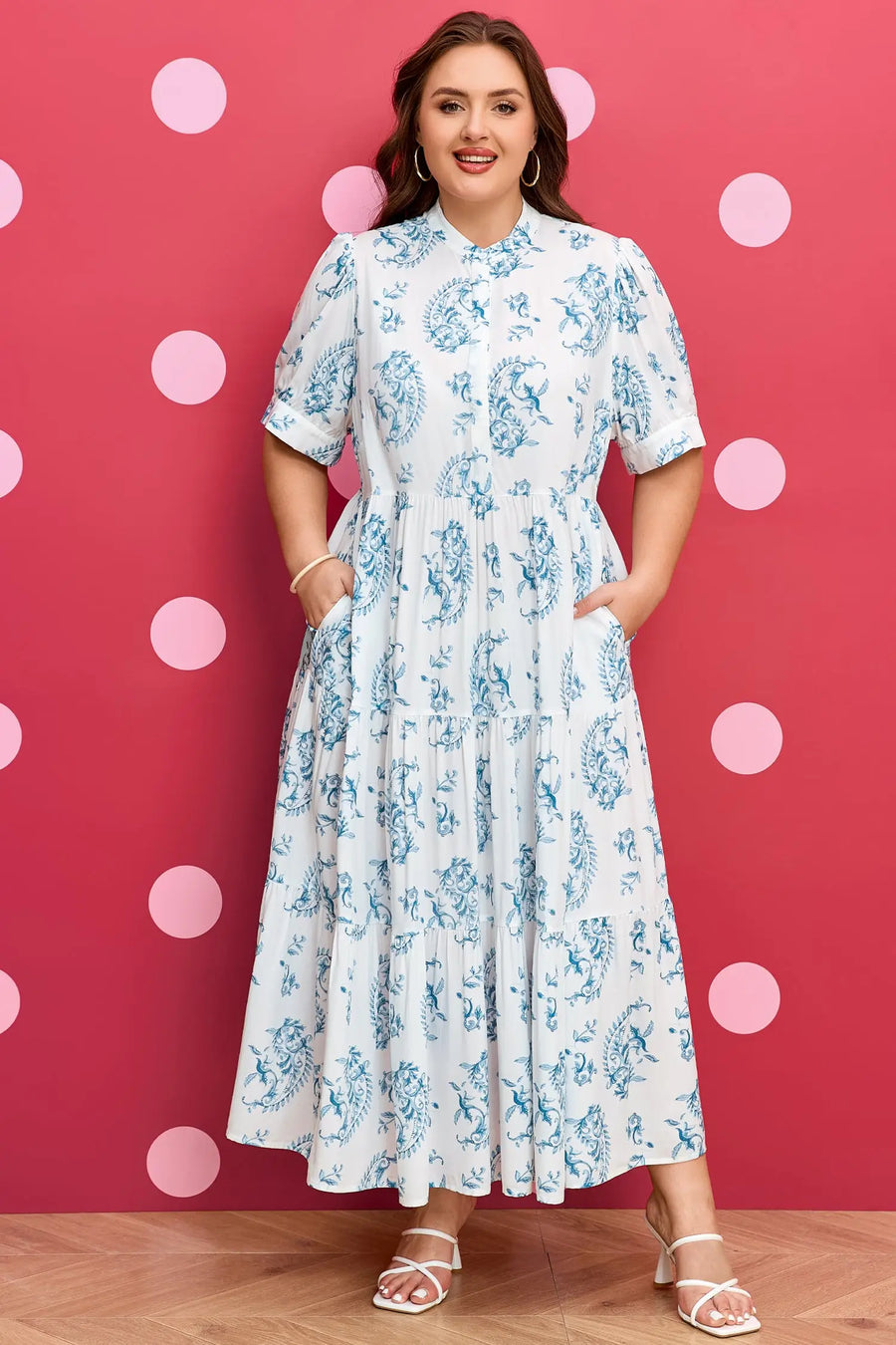 Sky Blue Plus Size Geometric Floral Split Neck Maxi Dress Women UK — lifestyle view