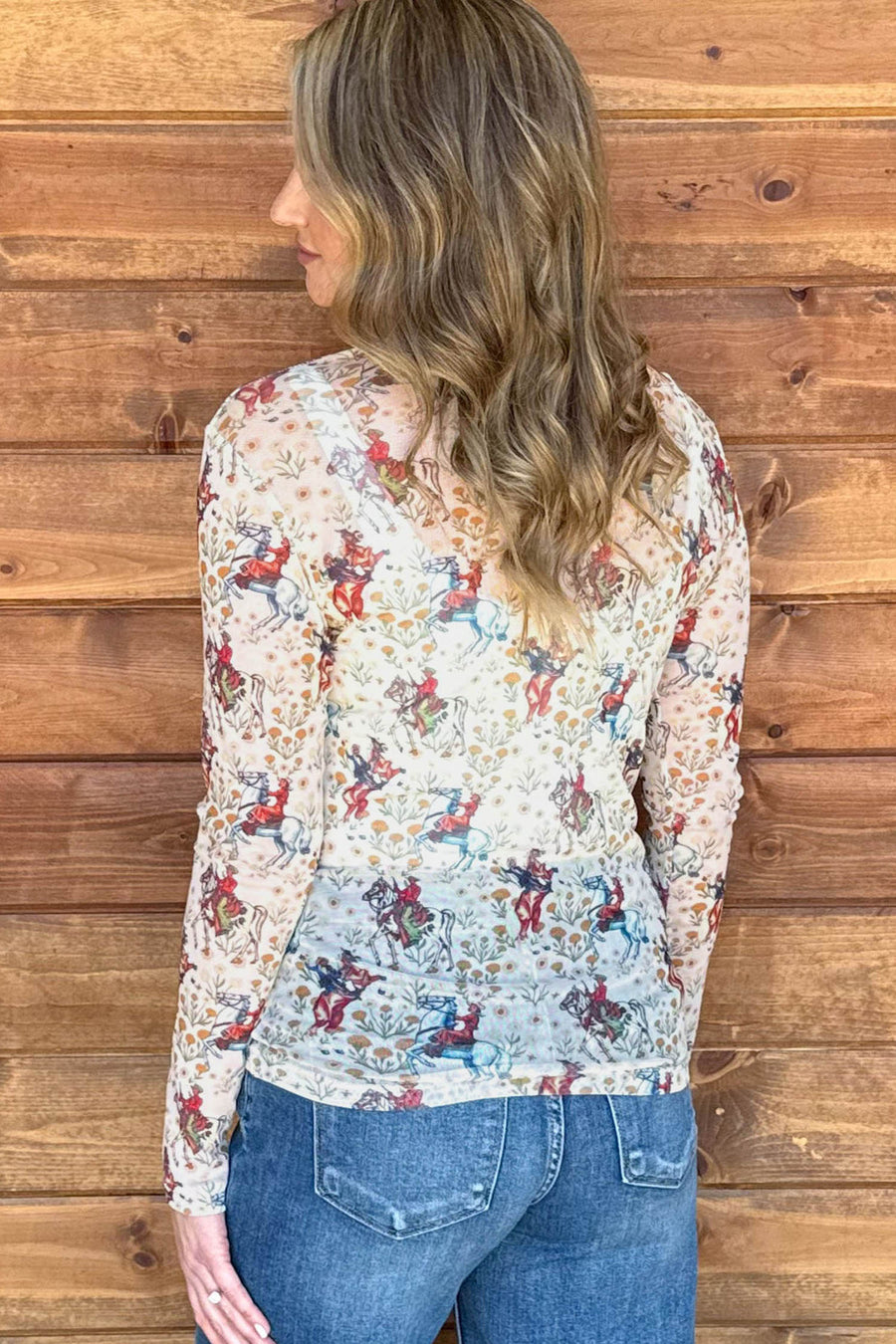 Beige Western Cowboy Floral Print Sheer Mesh Long Sleeve Top