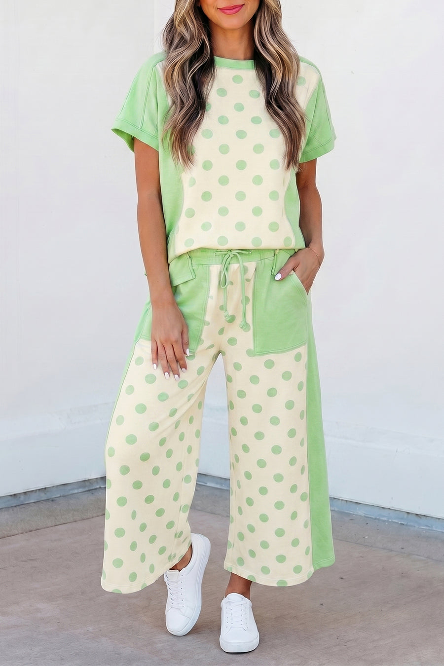Colour Block Polka Dot Wide Leg Pant Set Women UK
