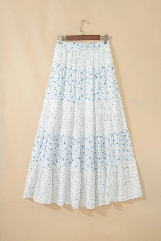 Sky blue tiered floral patchwork boho maxi skirt elastic waist ruffle hem skirts
