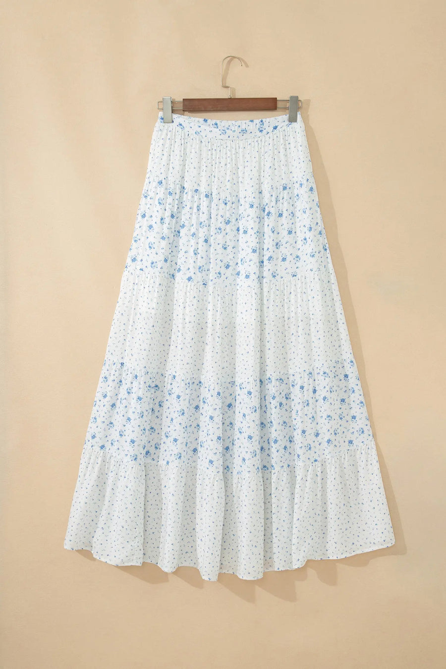 Sky blue tiered floral patchwork boho maxi skirt elastic waist ruffle hem skirts