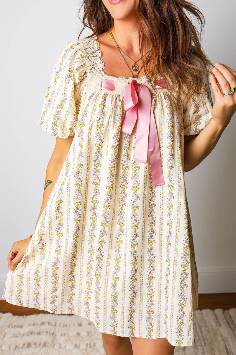 Multicolour Floral Lace Trim Bow Square Neck Mini Dress Women UK