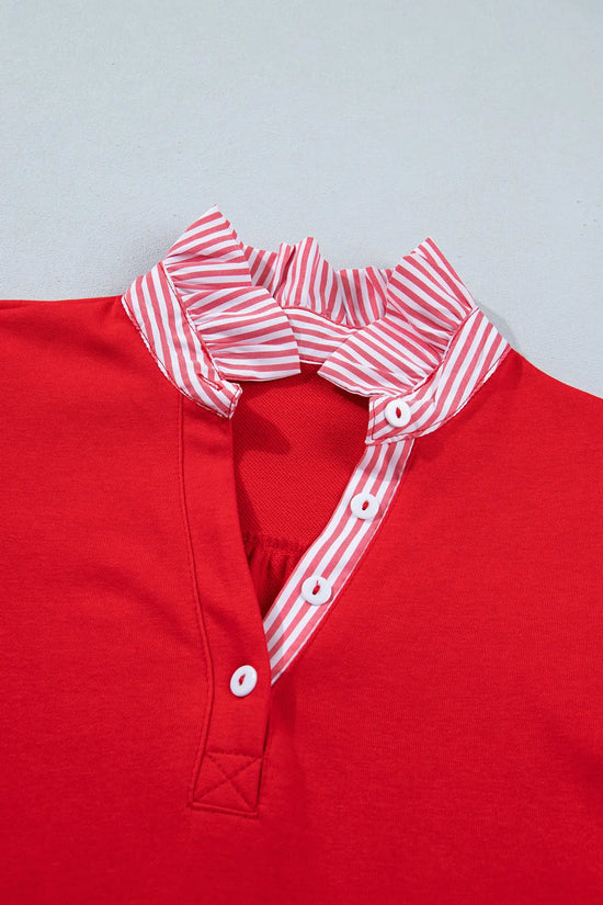 Striped frilled collar puff sleeve button front cotton blouse blouses