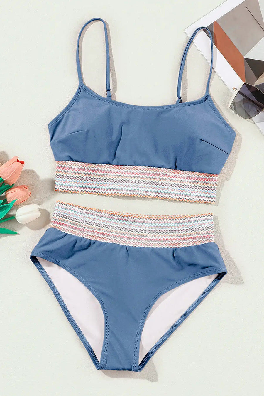 Dusk blue colorful stitch border detail 2pcs high waist bikini swimsuit