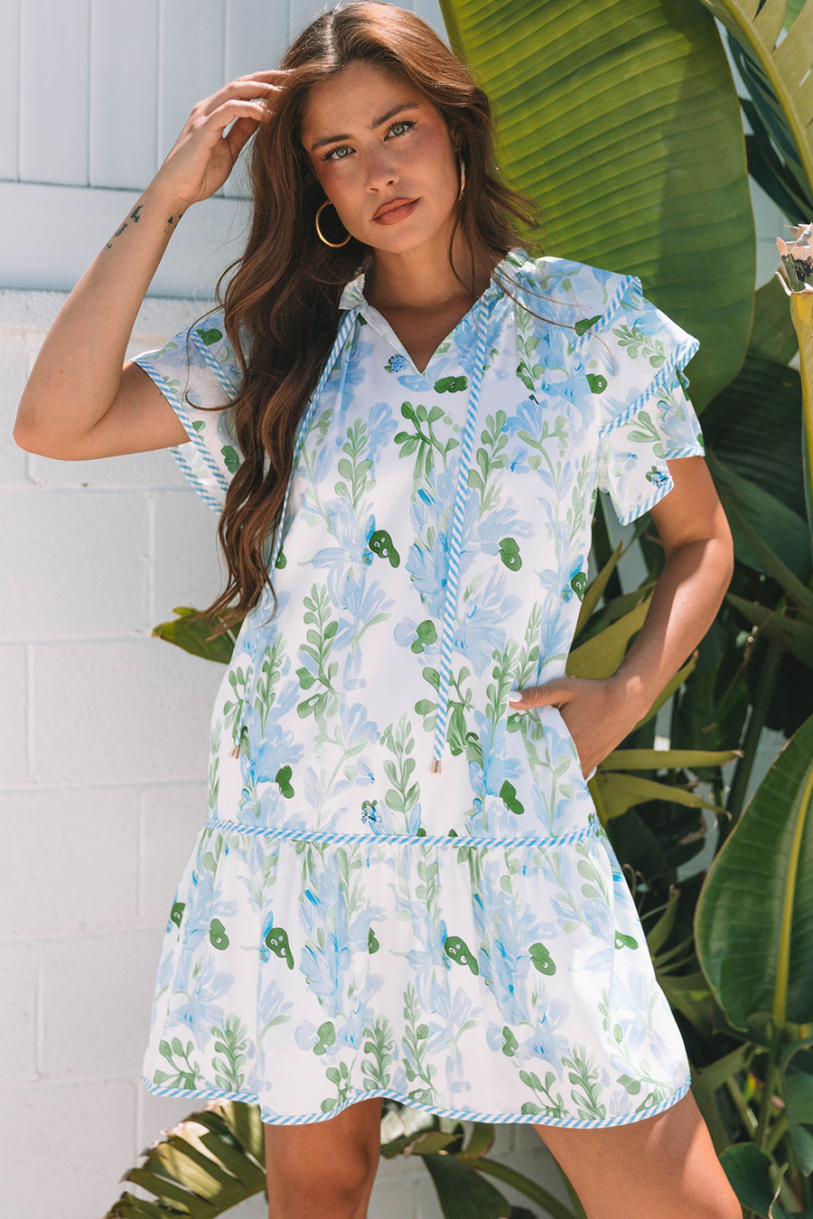 Pink Floral Contrast Edge Layered Short Sleeve Mini Dress Women UK