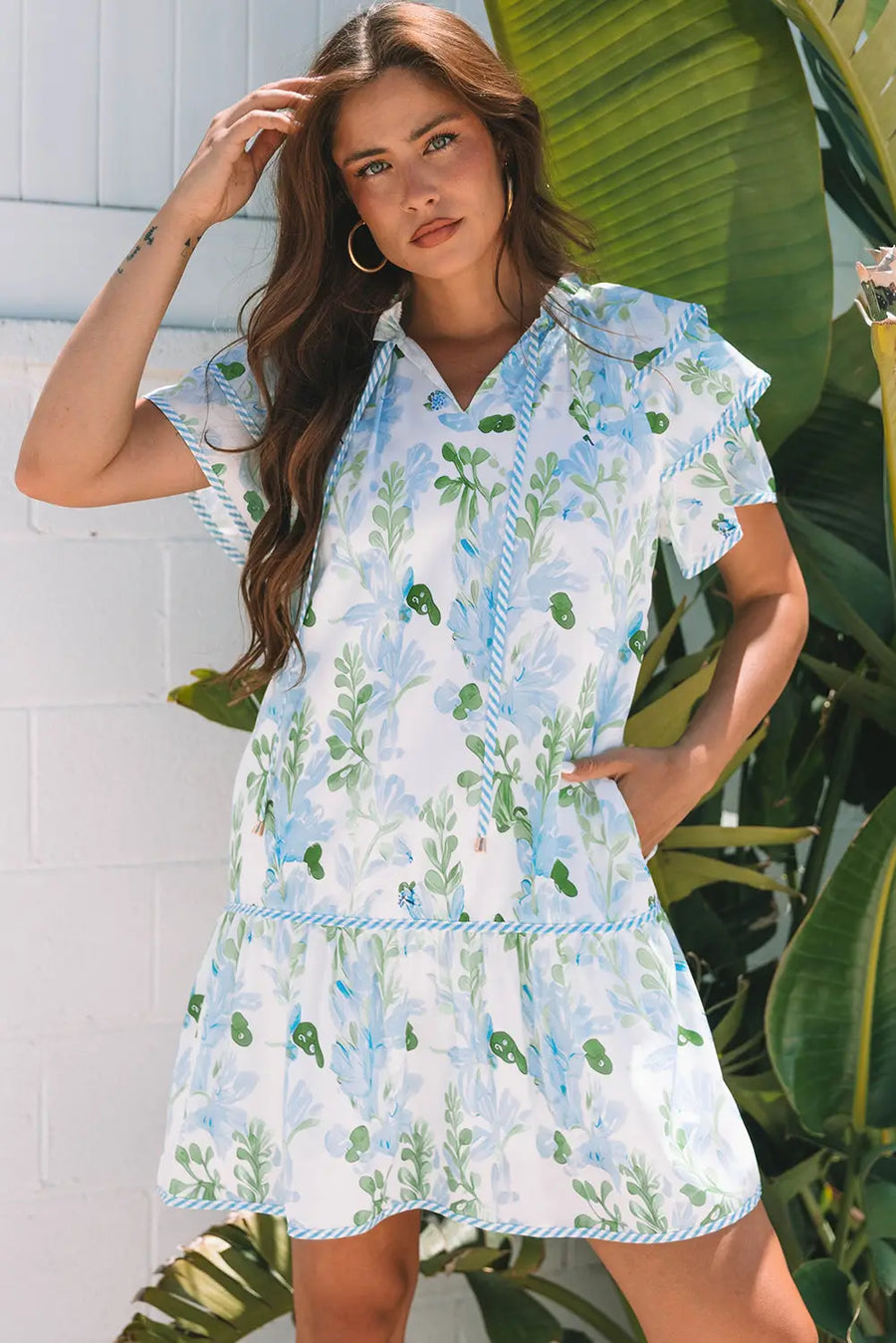 Pink Floral Contrast Edge Layered Short Sleeve Mini Dress Women UK — side view