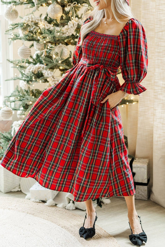 Red Green Tartan Plaid Flared Midi Dress