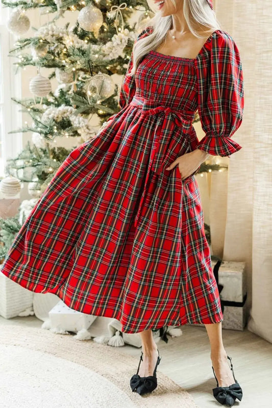 Red Green Tartan Plaid Flared Midi Dress
