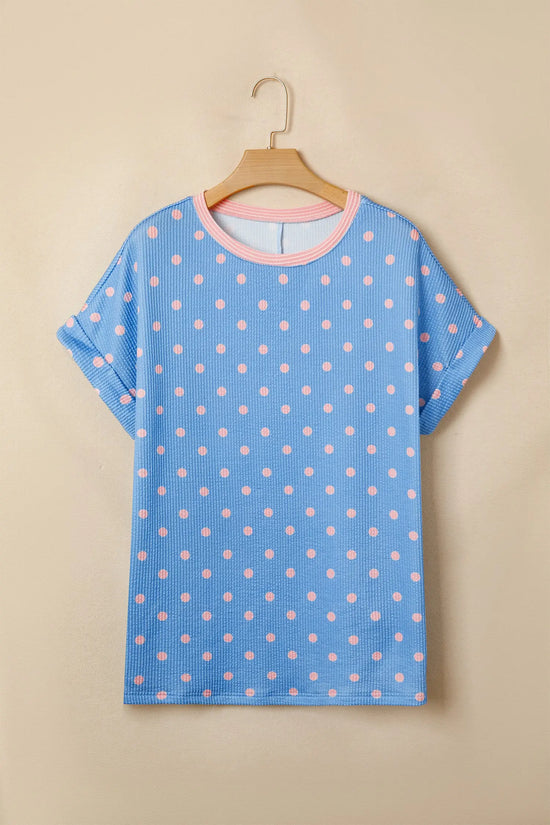 Raised rib polka dot print cuffed short sleeve top t-shirts