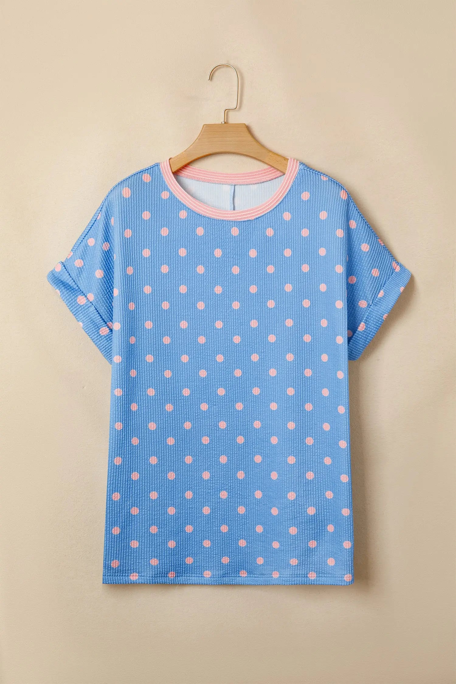 Raised rib polka dot print cuffed short sleeve top t-shirts