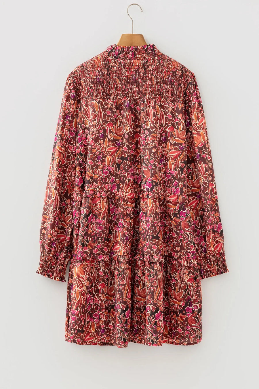 Red Floral Long Sleeve Shirred High Neck Mini Dress Women UK — lifestyle view