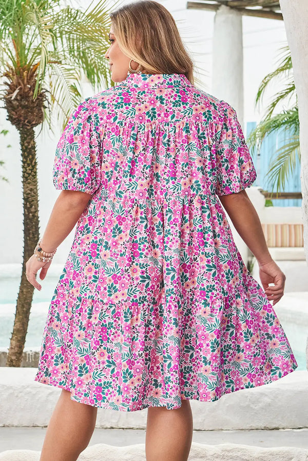 Plus Size Pink Floral Half Button Puff Sleeve A-Line Dress Women UK