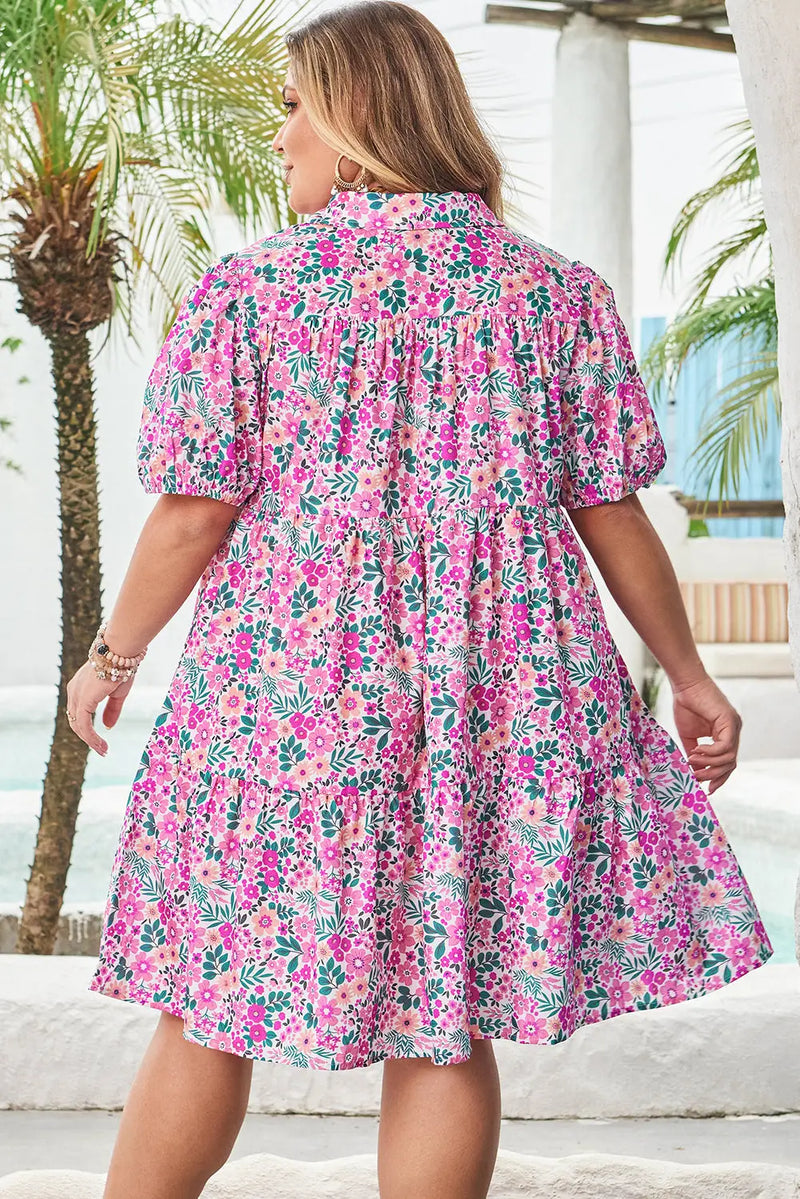 Plus Size Pink Floral Half Button Puff Sleeve A-Line Dress Women UK