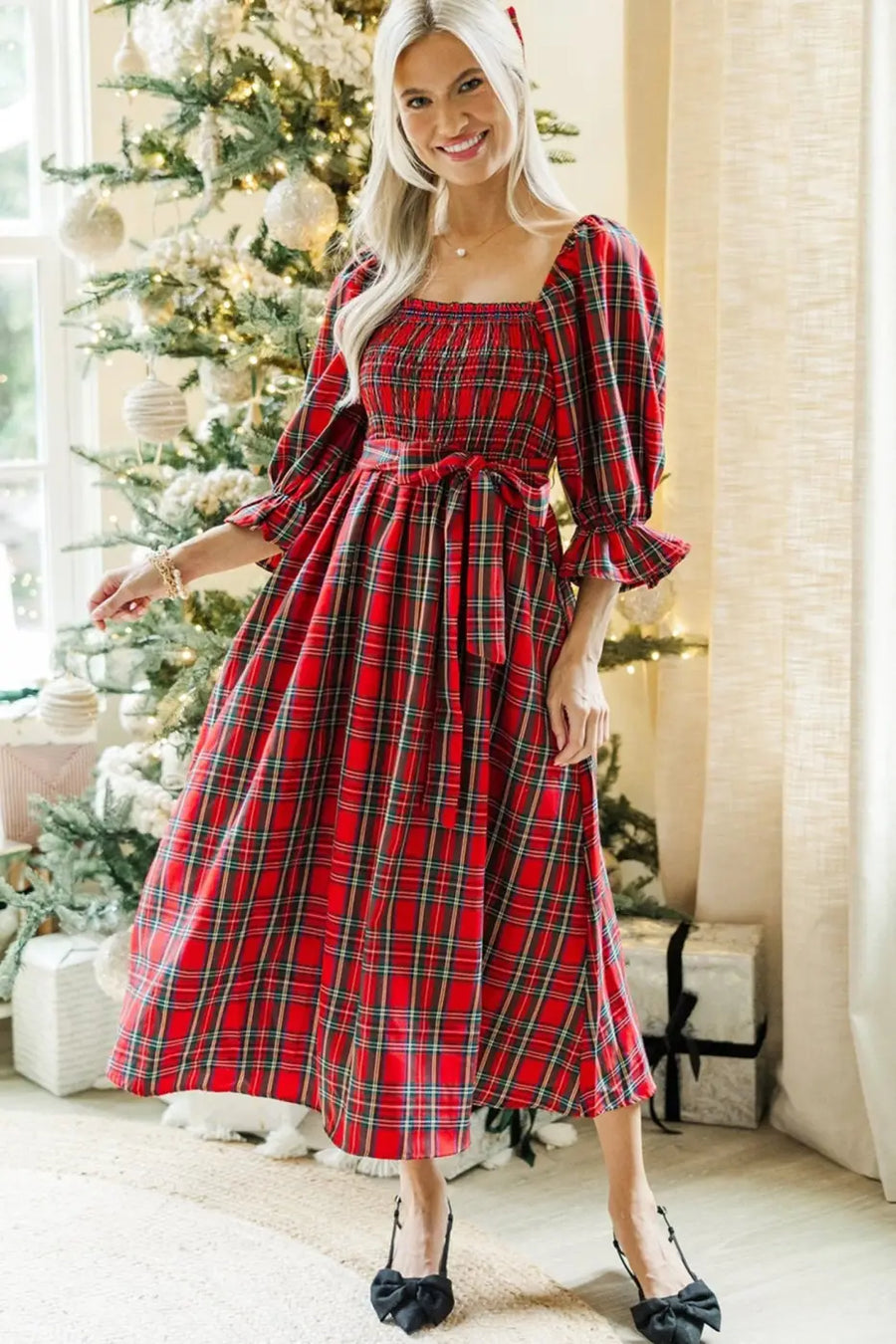 Red green tartan plaid flared midi dress dresses