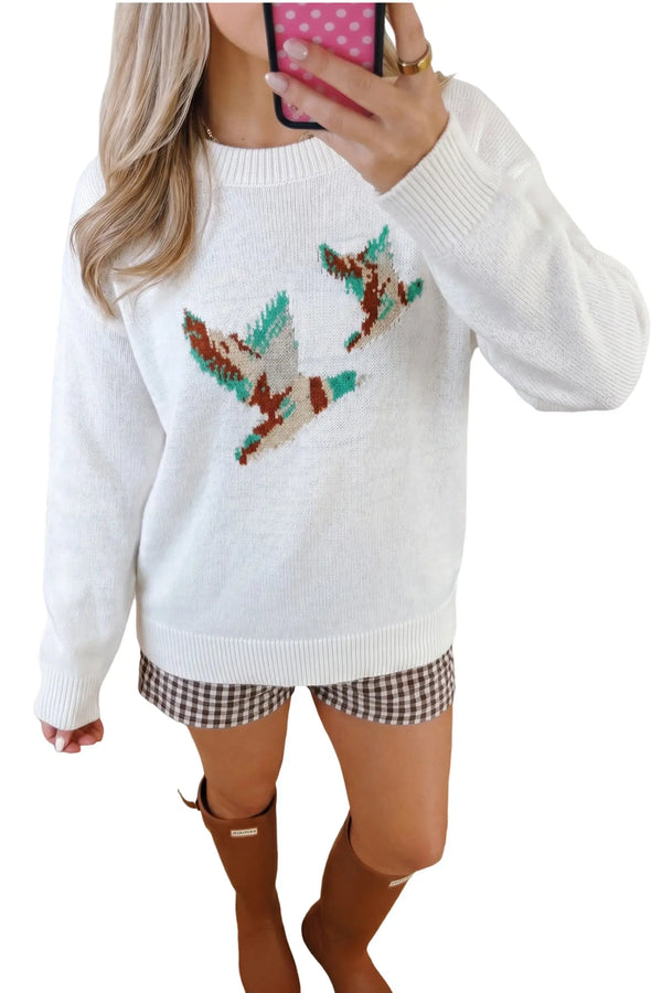 Mallard print drop shoulder pullover sweater back view — Fashionfitz UK