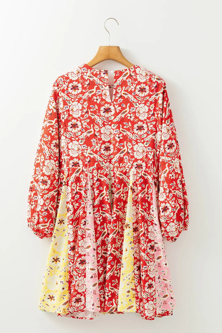 Red Floral Patchwork Long Sleeve Pleated Mini Dress Women UK