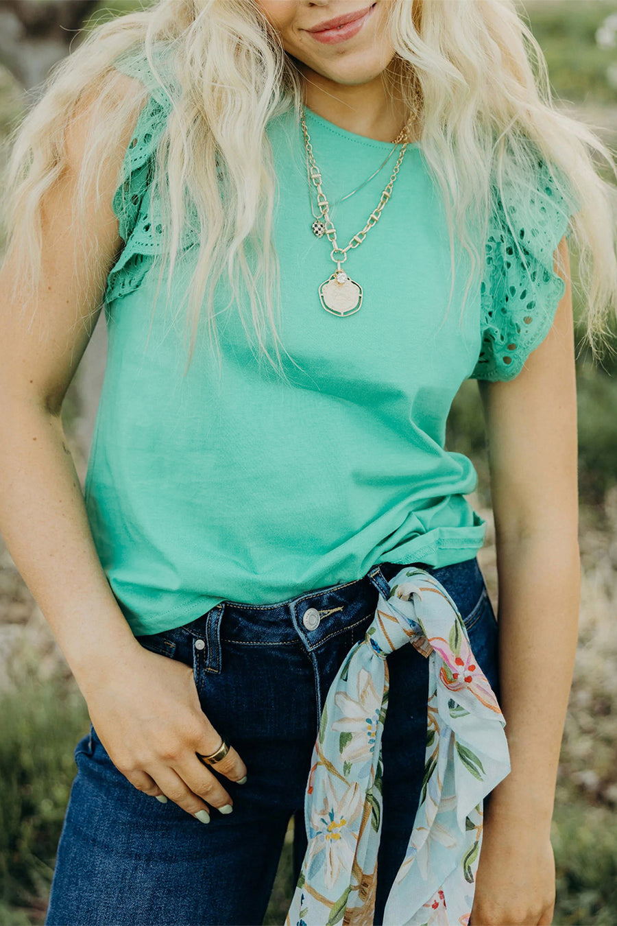 Mint Green Eyelet Lace Ruffled Cap Sleeve Top