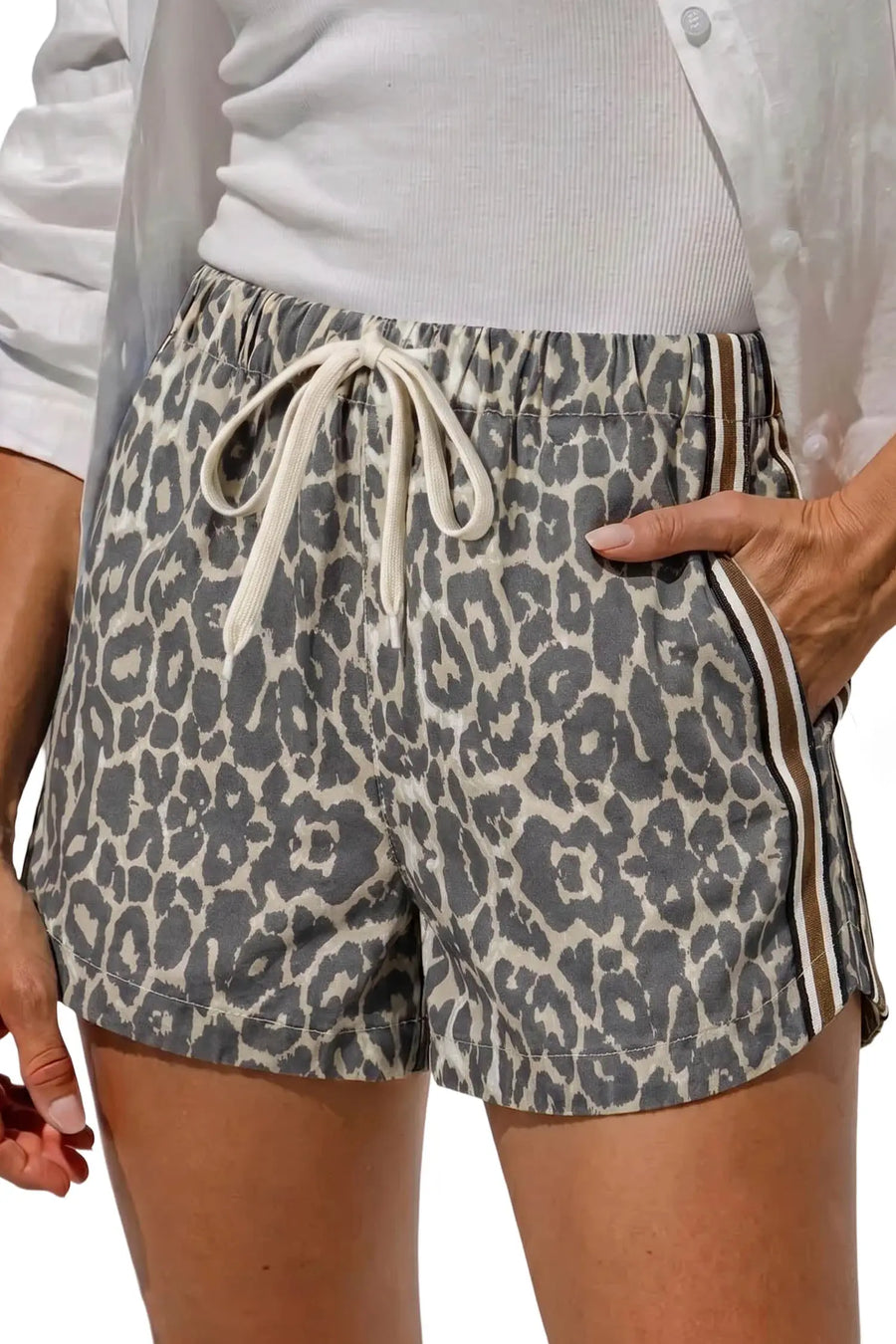 Leopard Stripe Drawstring High Waist Denim Shorts Women UK — back view | Fashionfitz UK