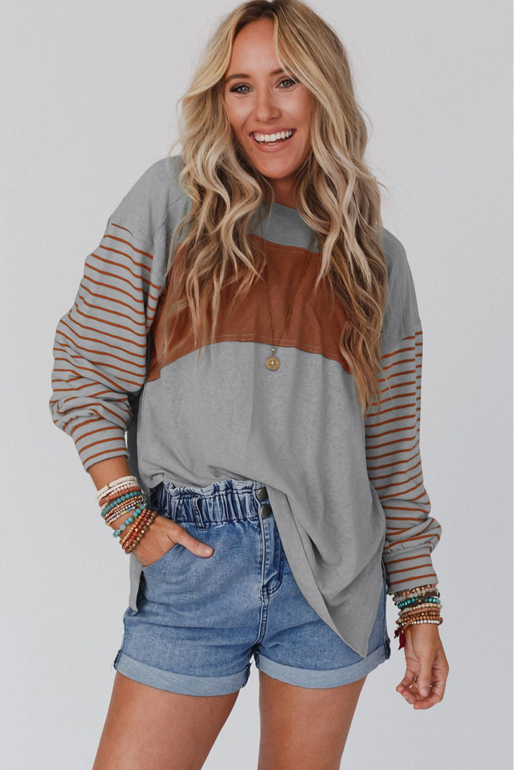 Green Colorblock Bishop Sleeve Top - Striped Casual Chic