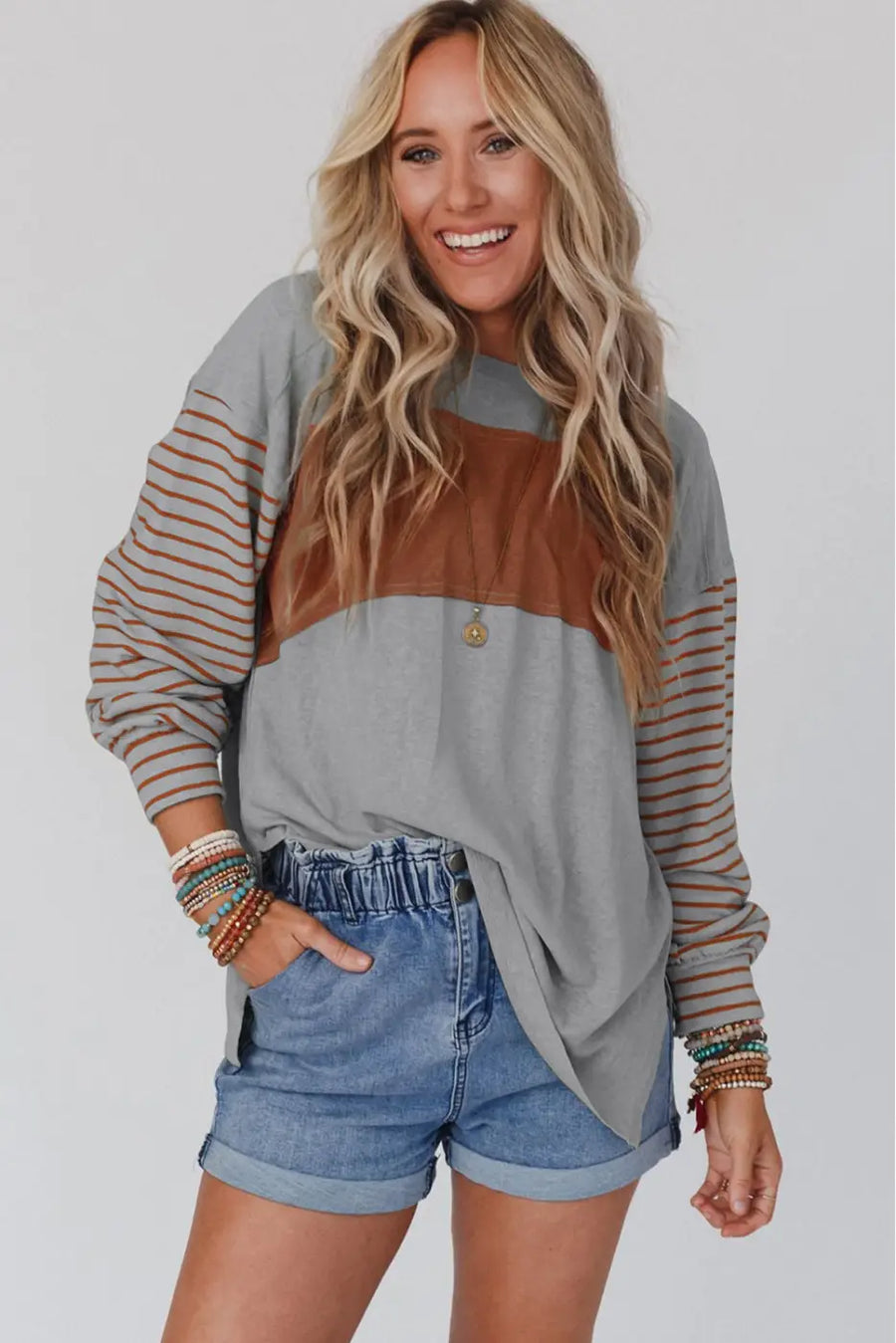 Green colorblock bishop sleeve top - striped casual chic