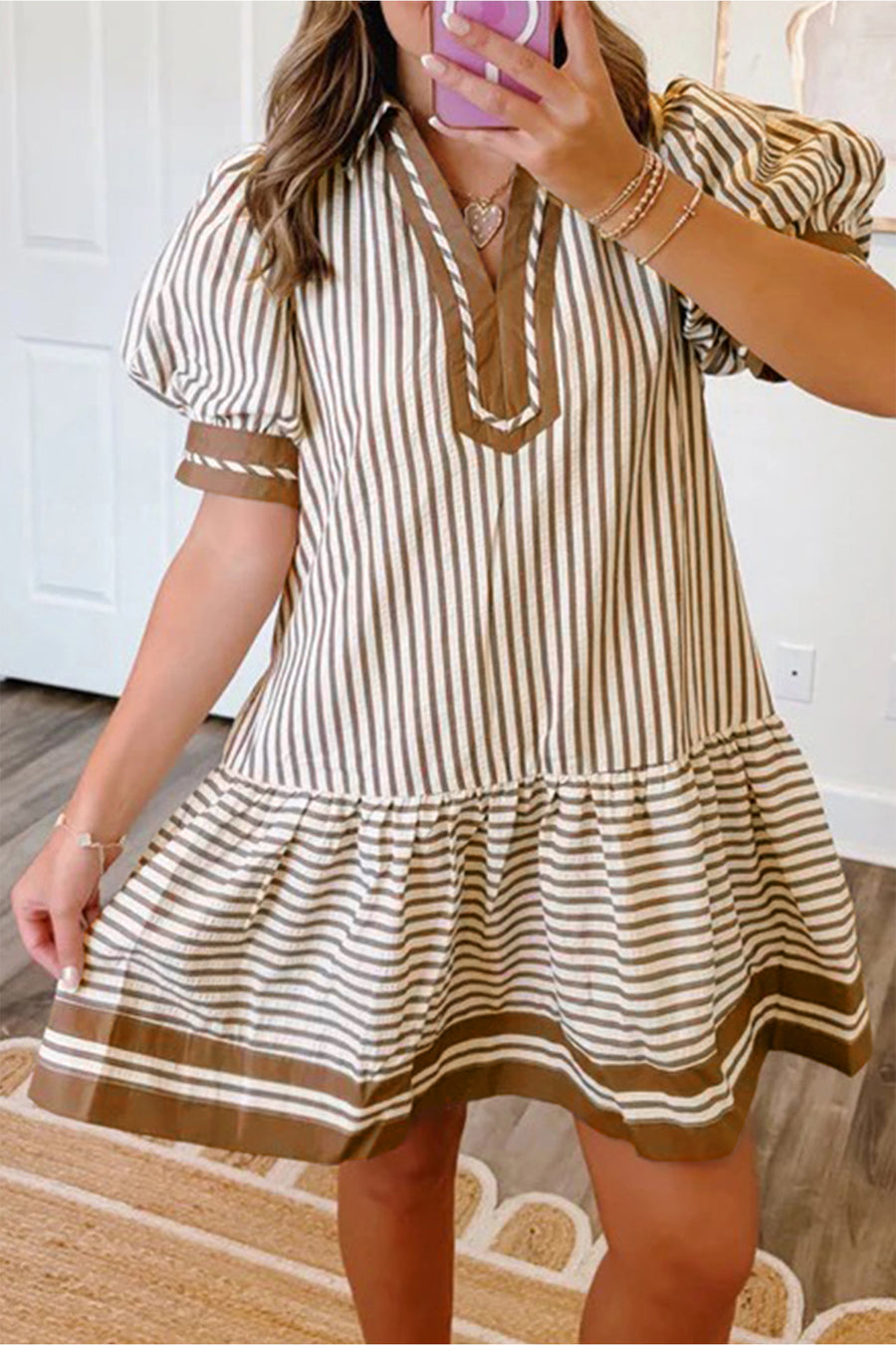Stripe Shirt Collar Patchwork Ruffle Hem Mini Dress Women UK