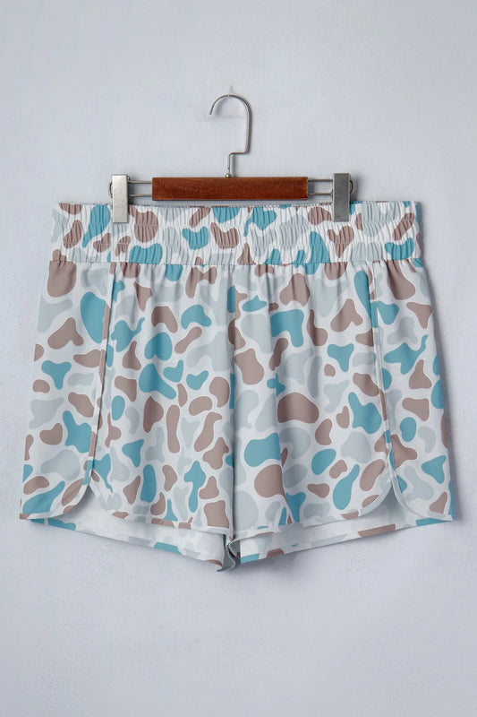 Plus size camouflage print athleisure shorts smocked high waist pull-on