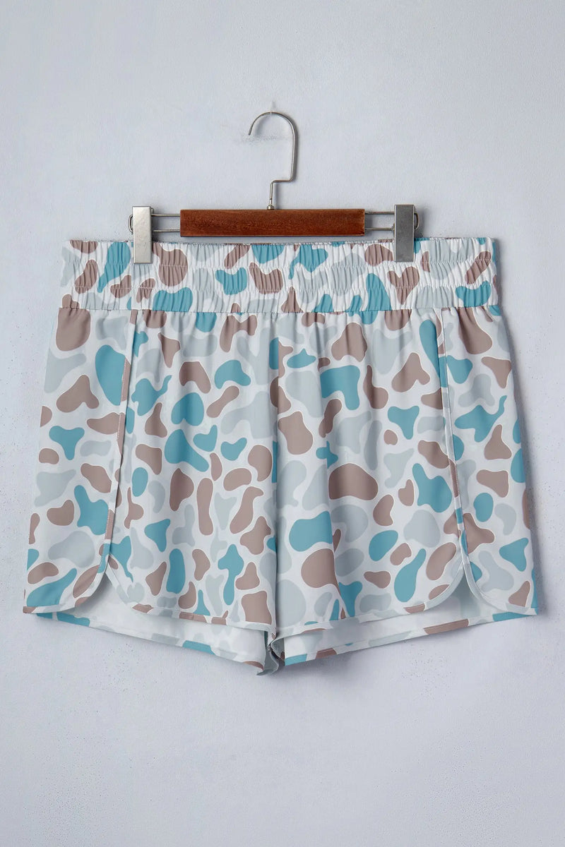 Plus size camouflage print athleisure shorts smocked high waist pull-on
