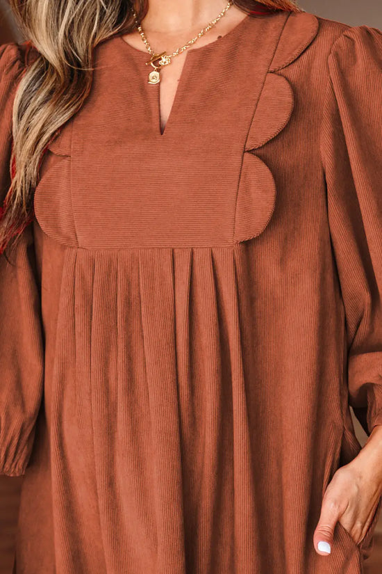Moss green pleated corduroy mini dress women | split neck a-line