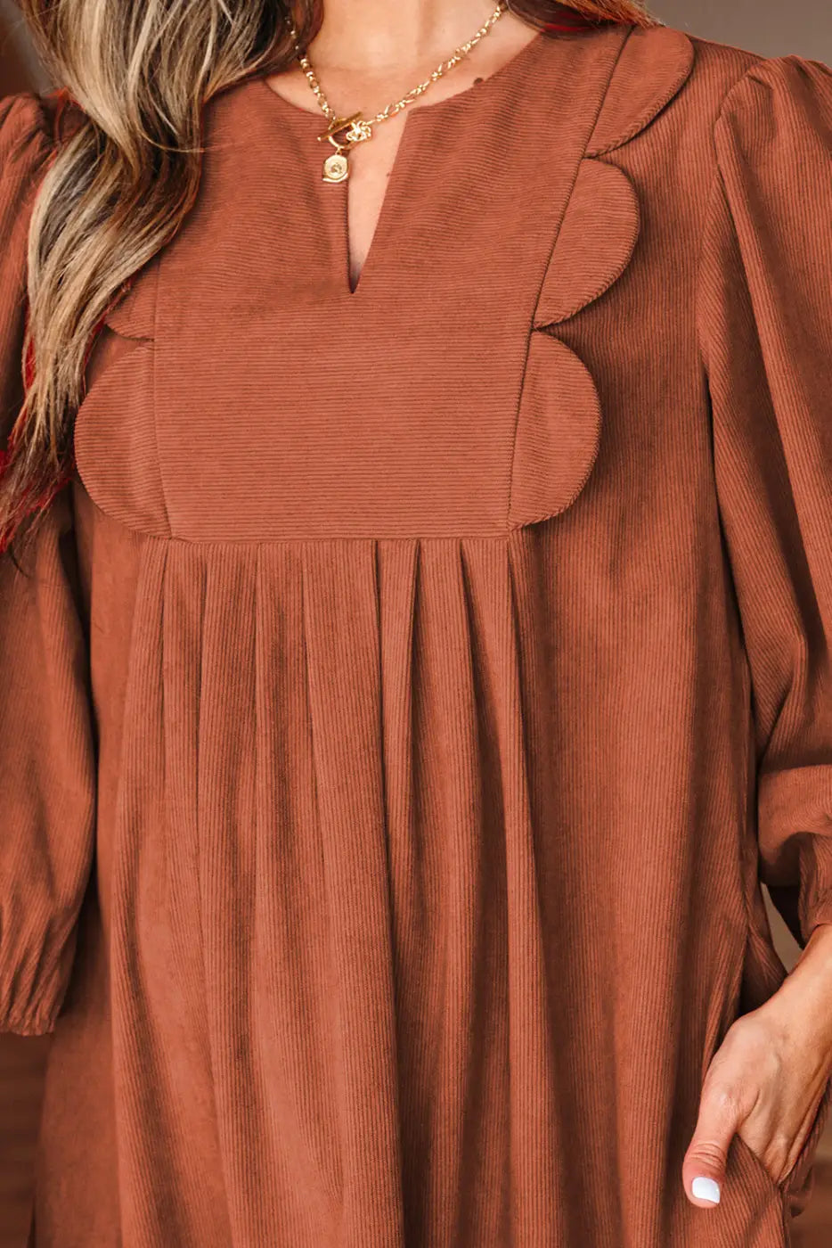 Moss green pleated corduroy mini dress women | split neck a-line