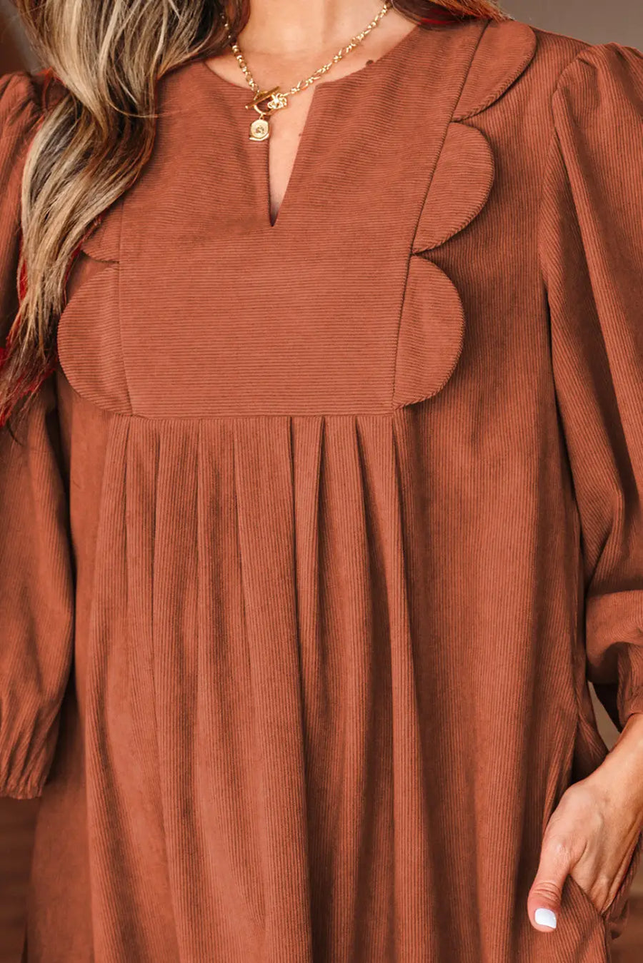Moss green pleated corduroy mini dress women | split neck a-line