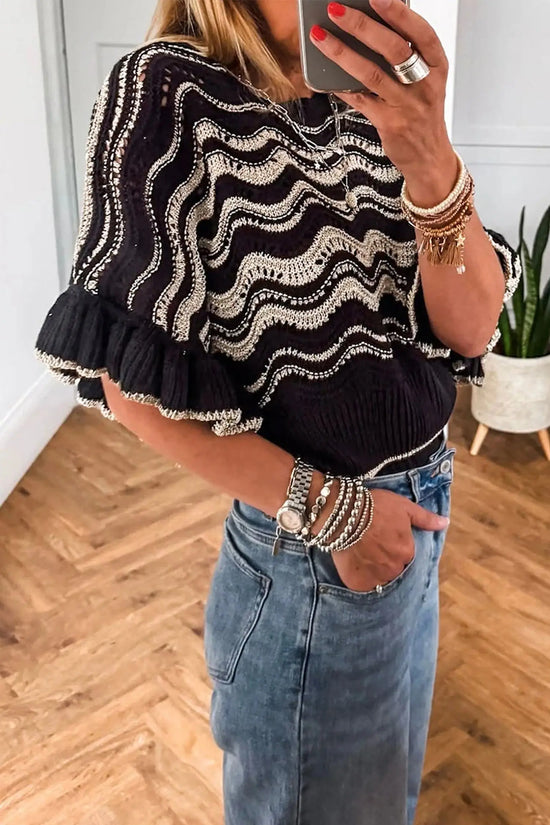 Wavy stripe crochet eyelet ruffle half sleeve knit sweater relaxed fit sweaters