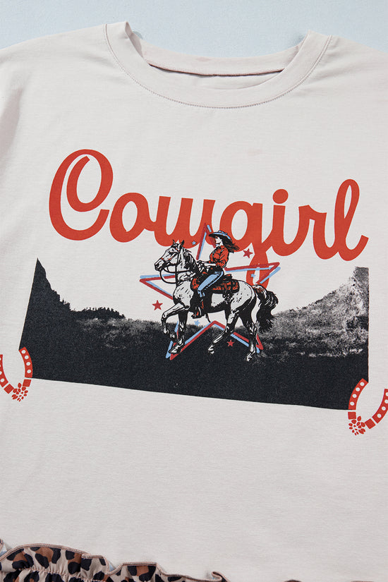 Retro Western Cowgirl Print Leopard Ruffle Hem Patchwork T-Shirt