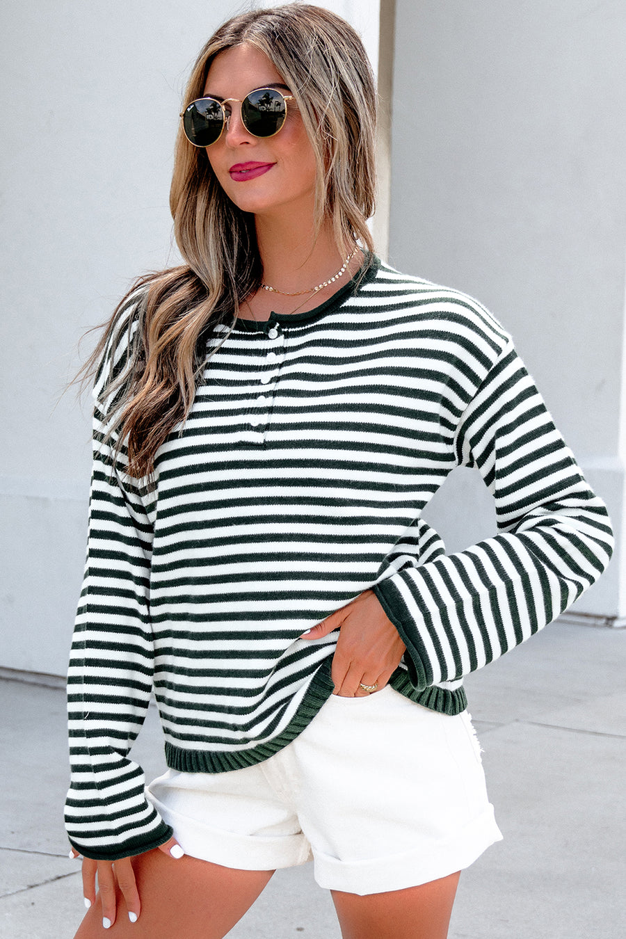 Stripe Drop Shoulder Button Placket Sweater
