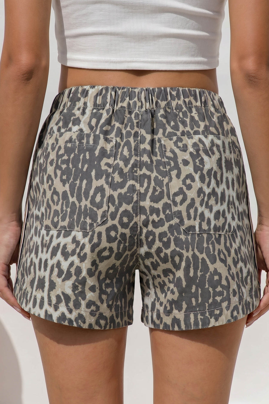 Leopard Stripe Drawstring High Waist Denim Shorts Women UK