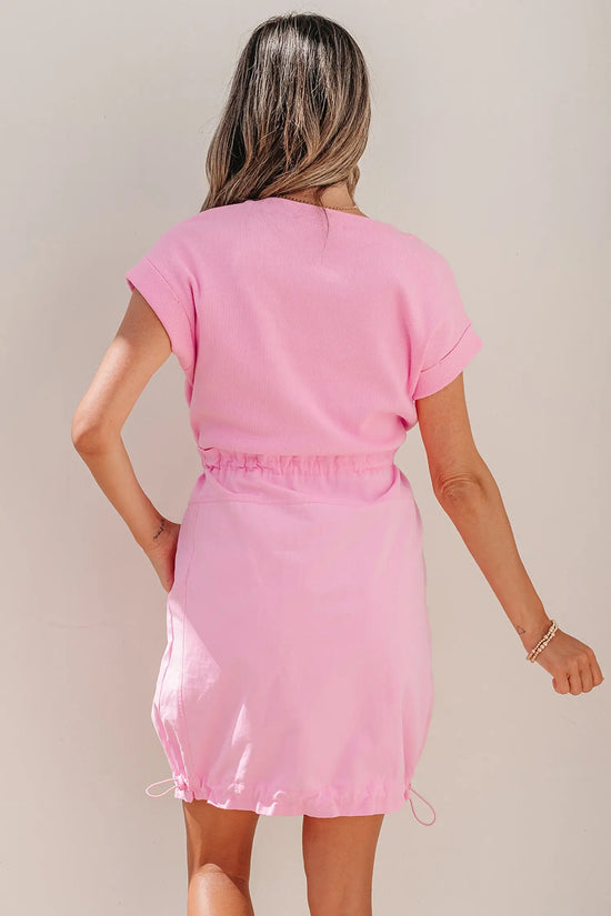 Bonbon cuffed short sleeve mix fabric patchwork drawstring mini dress with pockets dresses