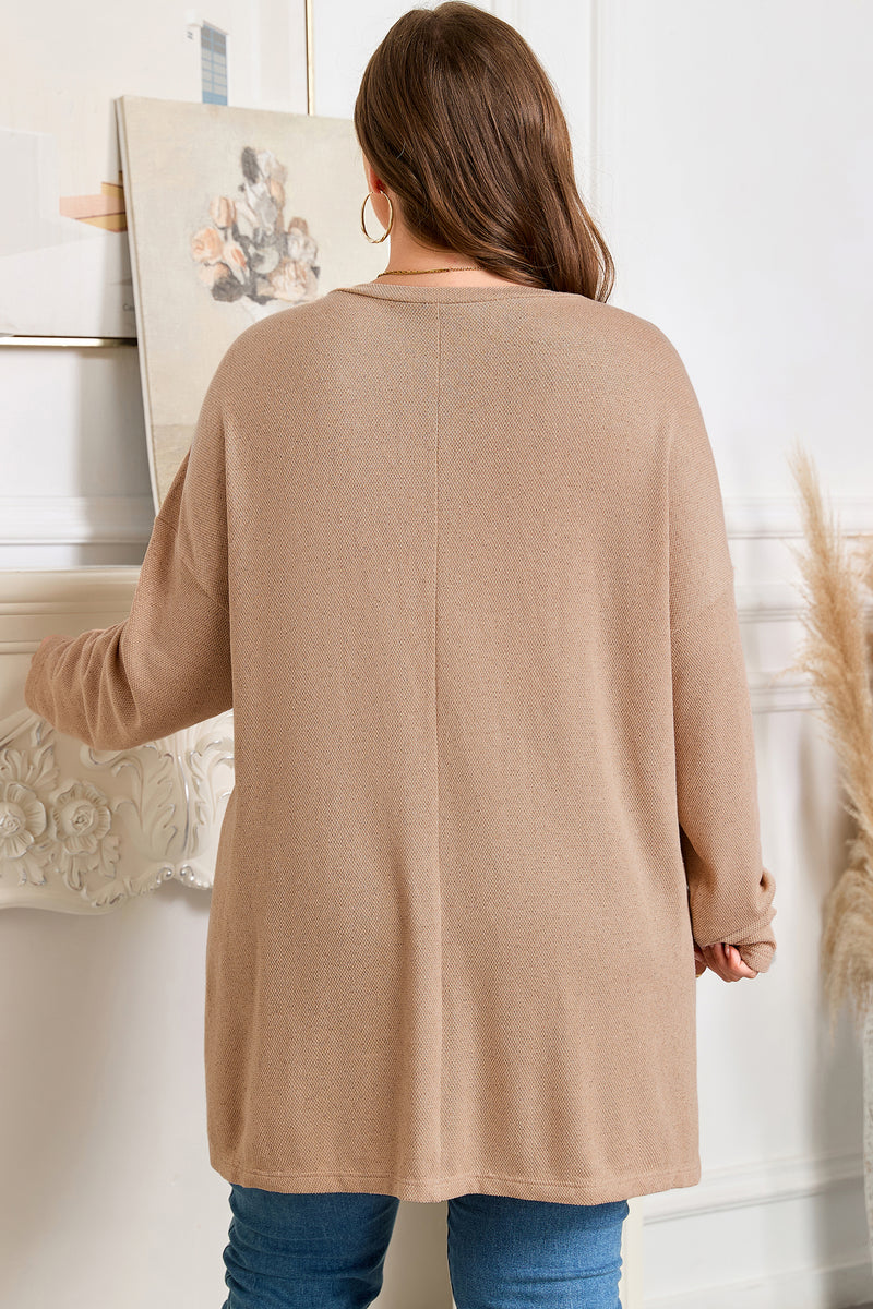 Back view of drop shoulder knit tunic plus size top