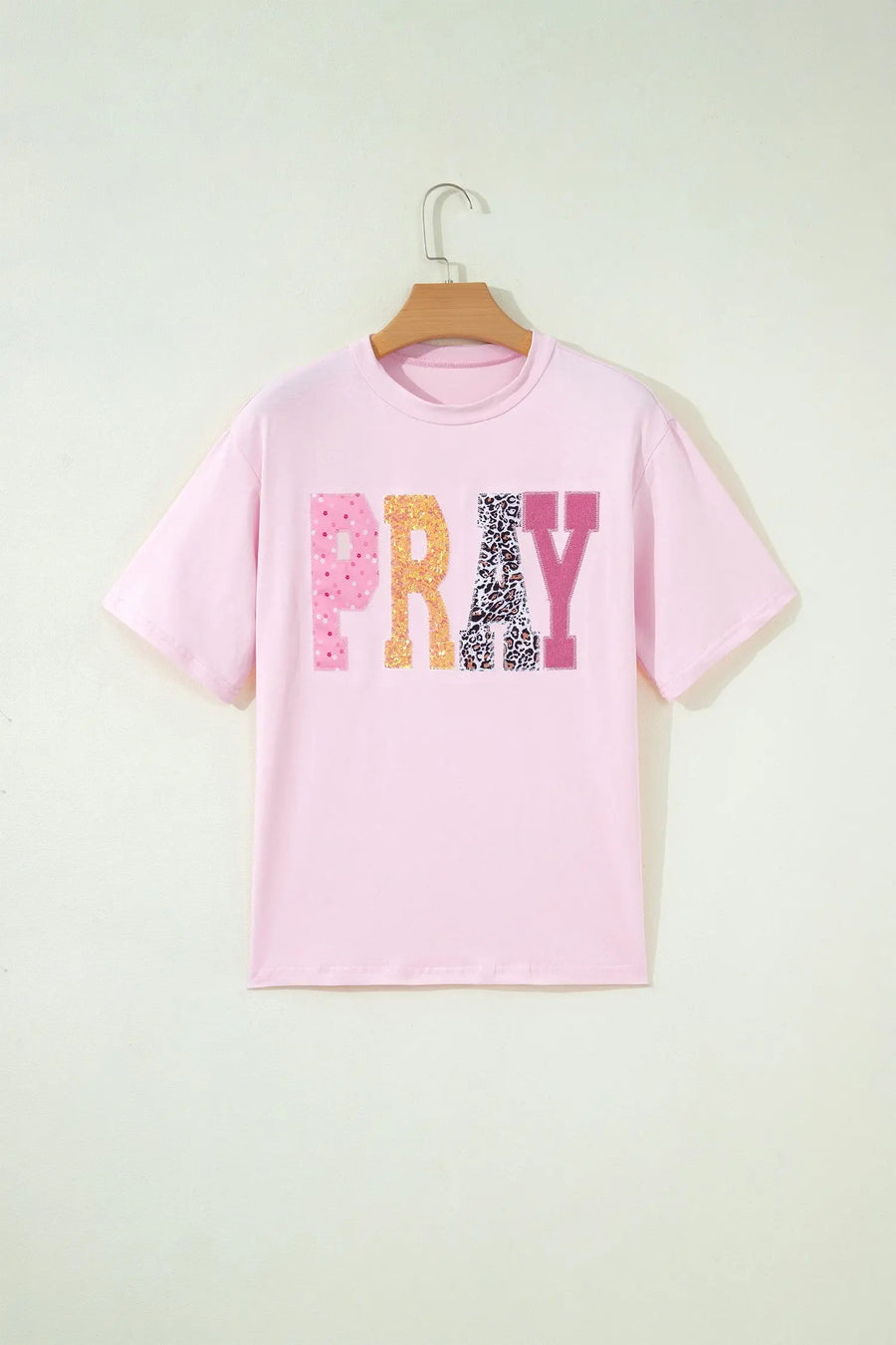 Pink Pray Sequin Leopard Patched Graphic Tee Women UK