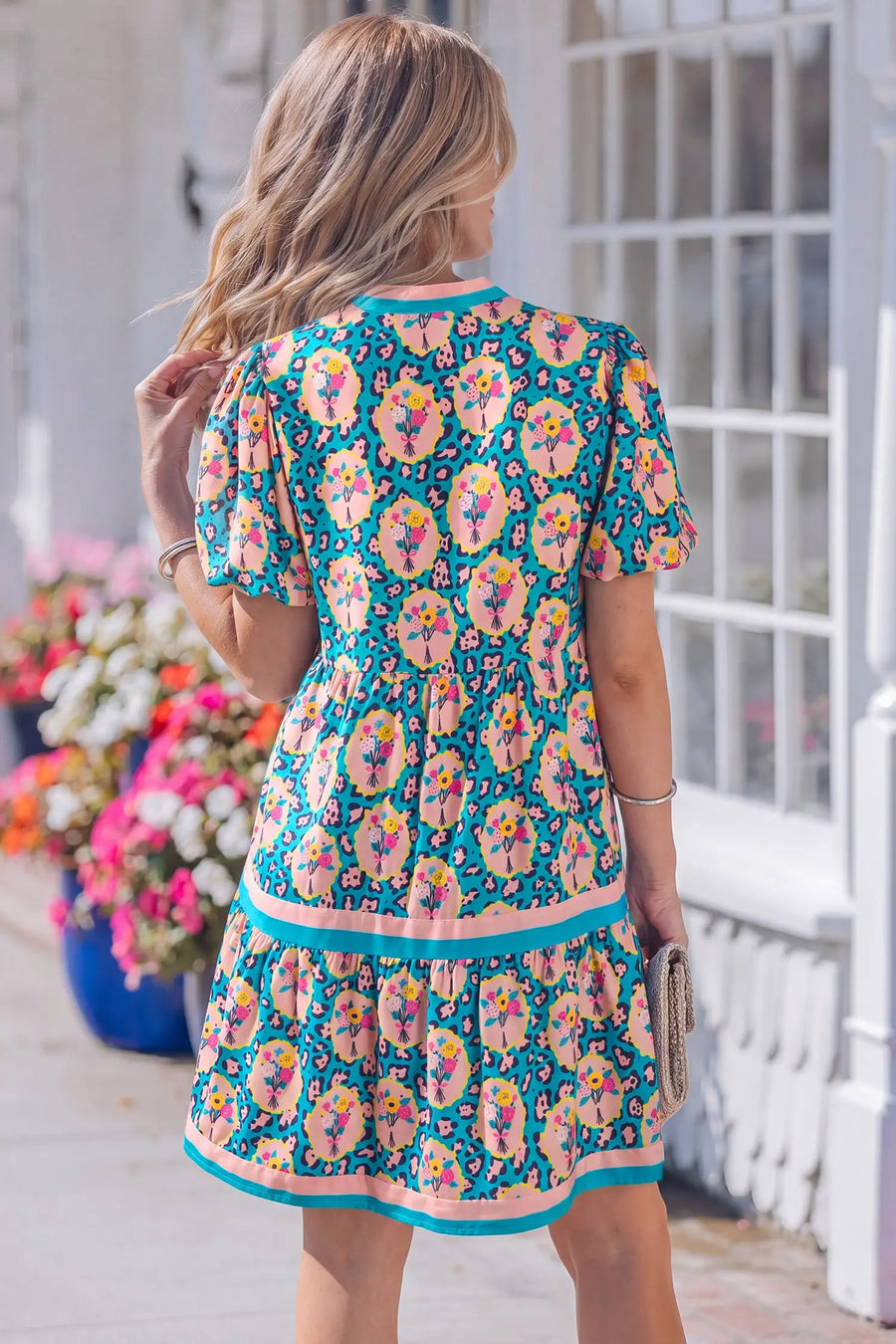 Green Leopard Floral Print Short Sleeve Mini Dress Women UK