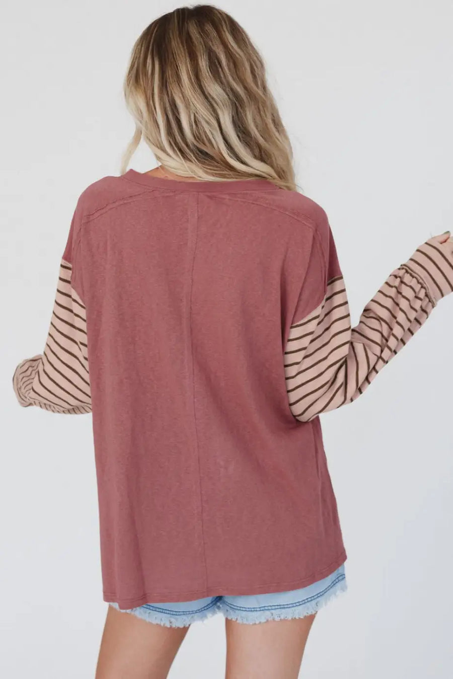 Green colorblock bishop sleeve top - striped casual chic