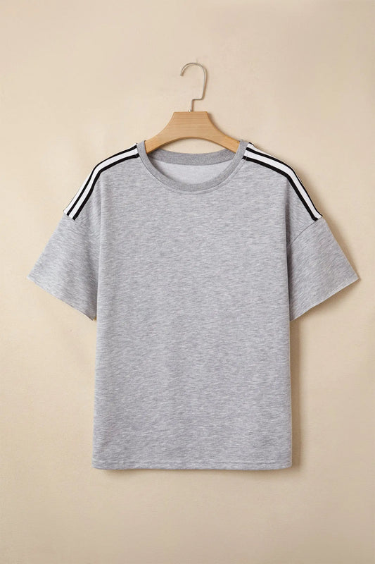 Women's patchwork stripe oversized tee back view raw edge hem