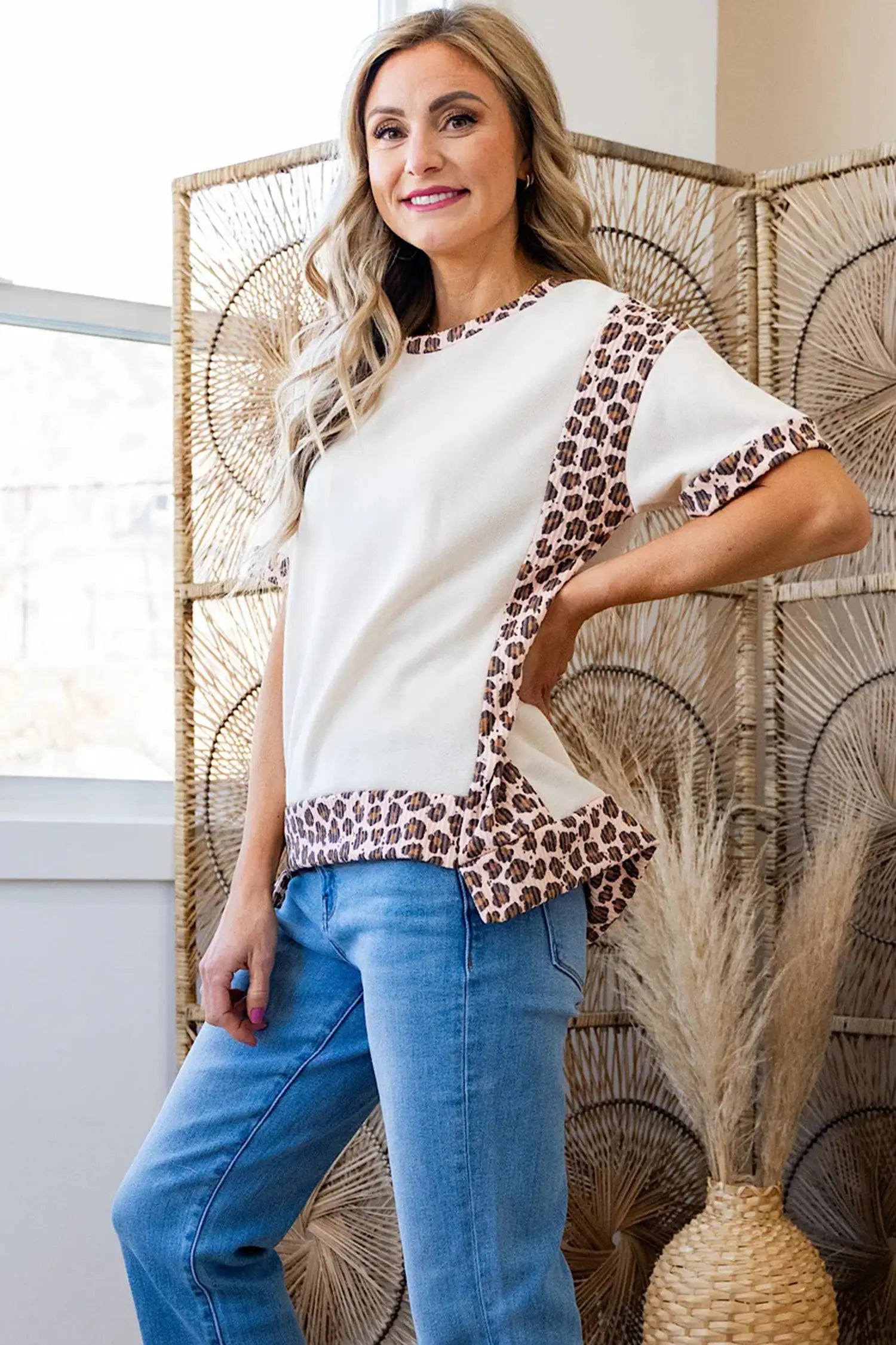 Ribbed leopard patchwork uneven hem t-shirt t-shirts