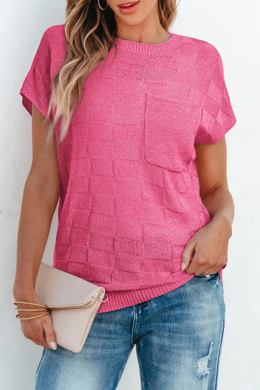 Lattice short sleeve sweater - pink sweaters
