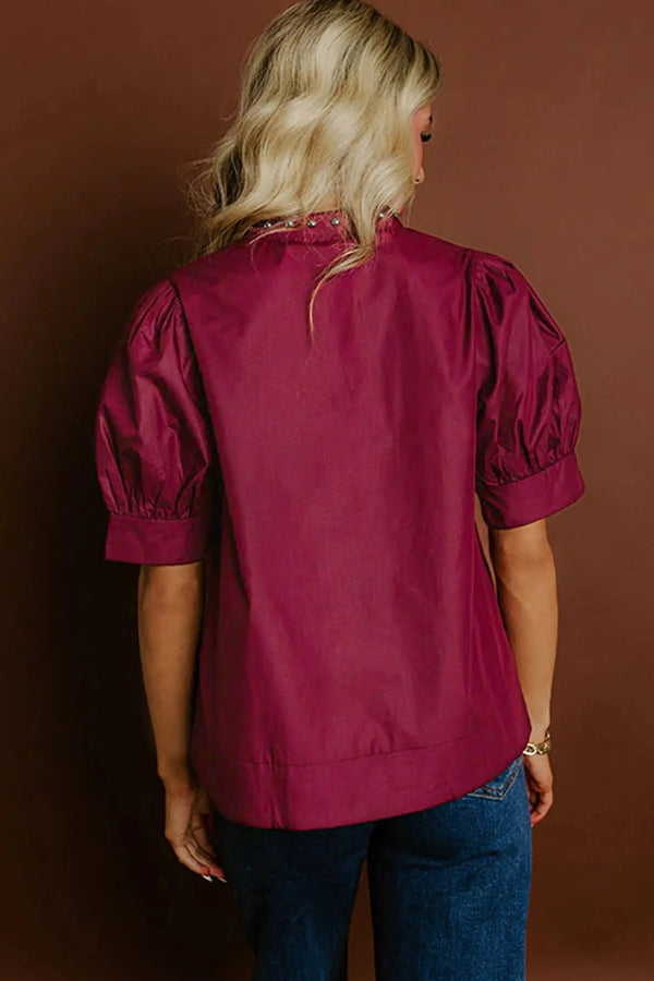 Rivet embellishment detail on burgundy cotton puff sleeve blouse | Fashionfitz UK