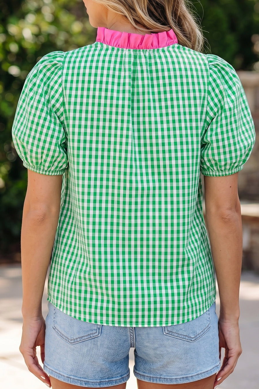 Gingham Plaid Bubble Sleeve Colourblock Blouse Women UK